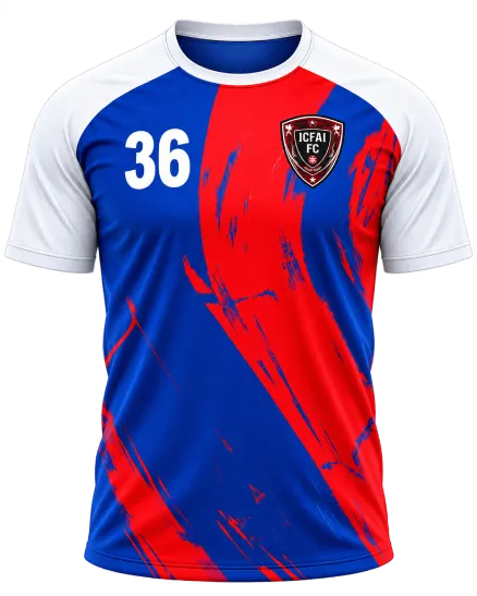 ICFAI FC men's first kit in royal blue and red with white sleeves