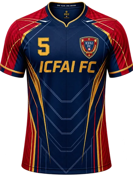 ICFAI FC men's third kit in navy with gold lines and red sleeves
