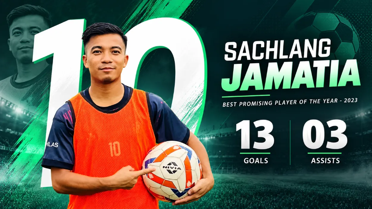 Poster of Sachlang Jamatia, number 10, Best Promising Player of the Year 2023, with 13 goals and 3 assists