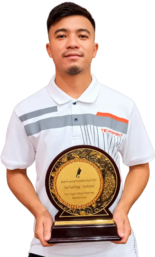 Sachlang Jamatia holding his Best Promising Footballer trophy